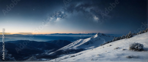 Photo real as Snowy Solitude Snow covered hills offering a peaceful retreat under a starry sky. in nature and landscapes theme ,for advertisement and banner ,Full depth of field, high quality ,include