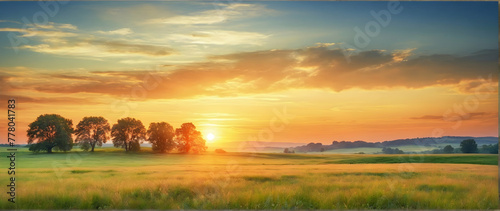 Photo real as Summer Solace A watercolor sunset over a serene summer meadow. in nature and landscapes theme ,for advertisement and banner ,Full depth of field, high quality ,include copy space on left