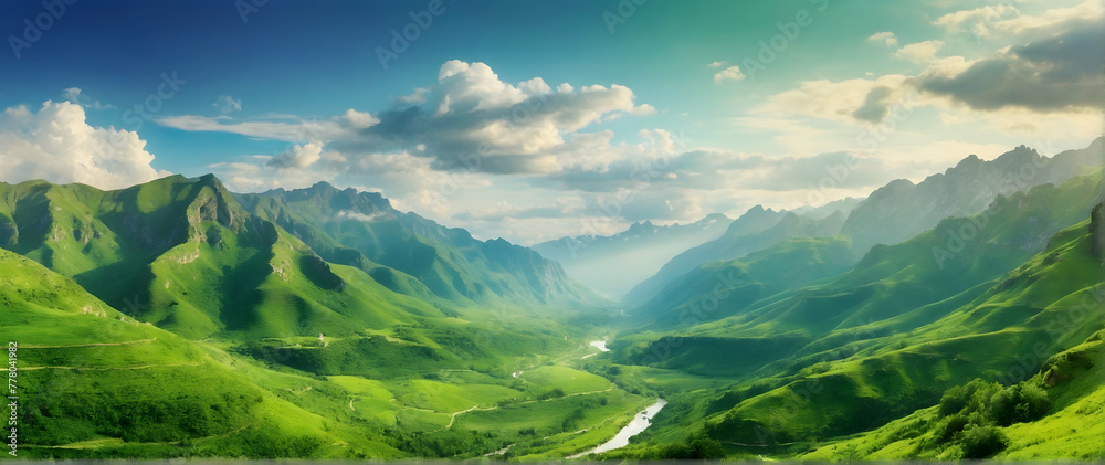 Photo real as Verdant Valley A lush valley brimming with life in vibrant watercolors. in nature and landscapes theme ,for advertisement and banner ,Full depth of field, high quality ,include copy spac Photo real as Verdant Valley A lush valley brimming with life in vibrant watercolors. in nature and landscapes theme ,for advertisement and banner ,Full depth of field, high quality ,include copy spac