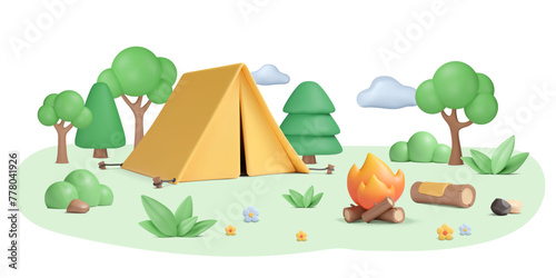 3d summer illustration with tent in forest, bonfire, log with blanket. Trees, bush, leaves, stones and flowers buds on abstract meadow. Cartoon vector elements. Clouds in sky. Relax weekend concept. © Marina
