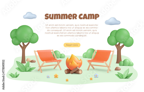 3d summer illustration with folding chairs near campfire in park, forest with trees and bush. Leaves, stones and flowers on green lawn. Camping banner concept with copy space. Vector elements.