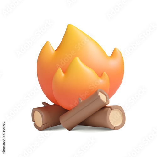 3d campfire in plastic style. Isolated vector fire with wooden logs. Cartoon element, flame illustration. © Marina
