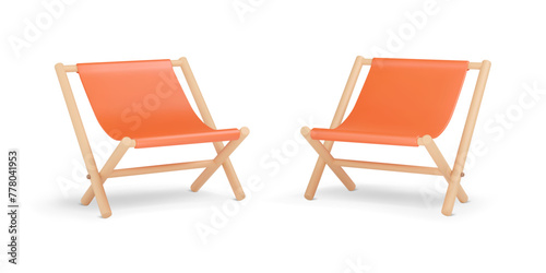 3D Folding chairs. Wooden lounge seat with fabric. Cartoon camping elements, outdoor furniture. Vector illustration. Leisure object in plastic style. © Marina
