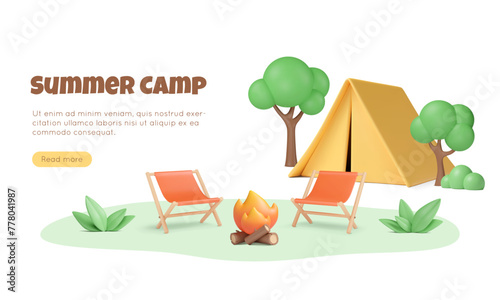 Summer camp banner with 3d bonfire, folding chairs, tent, trees and leaves on abstract lawn. Vector cartoon illustration. Holiday outdoor recreation concept. Weekend on nature.
