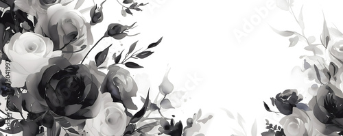 Black roses watercolor horizontal funeral invitation template with empty copy space for text. Condolences card