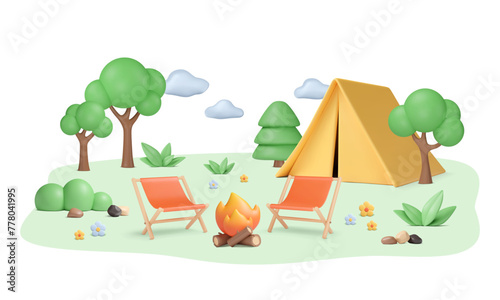 Summer camping illustration with 3d campfire, folding chairs, tent, trees and leaves. Stones and flowers on abstract meadow. Weekend on nature. Vector cartoon art. Outdoor journey concept.