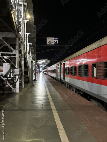 train at the station Indian railway Netravathi express Thiruvananthapuram central to lokamanya tilak TVC at THiruvananthapuram TVC. Dynamic shot capturing a train waiting at the platform, bustling 