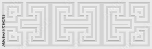 Banner. Relief geometric elegant 3D pattern on a white background. Ornamental cover design, Greek meander style. Vintage ethnic motifs of the East, Asia, India, Mexico, Aztec, Peru.
