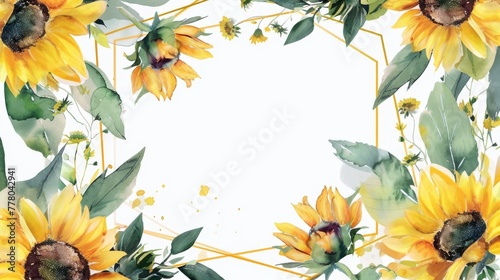 Sunflower wreath within an octagonal frame, watercolor, bright simple background,