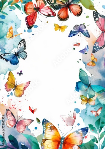 Vibrant watercolor butterfly frame for spring greetings,