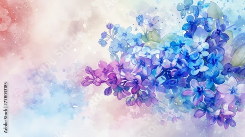 Watercolor bouquet of forget-me-nots and lilacs on a bright, uncomplicated background,