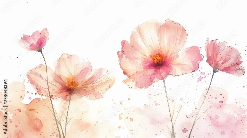 Watercolor cosmos flower, delicate and bright, simple background,