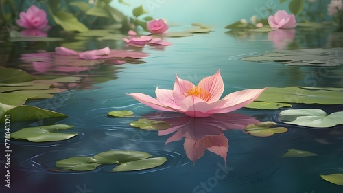  Digital illustration depicting a solitary leaf gracefully drifting atop the serene waters of a tranquil pond. The leaf is depicted with vivid colors  showcasing intricate details of its texture and v
