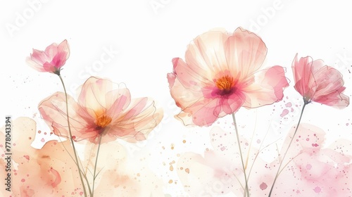 Watercolor cosmos flower, delicate and bright, simple background,