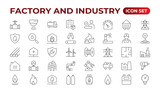 Industry and production line icons collection. Factory, plant, manufacture, tools icons. UI icon set. Thin outline pack. Vector illustration.Set of industry Icons. Simple art style. Outline icon set.