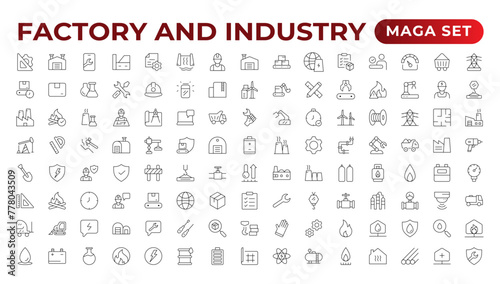 Industry and production line icons collection. Factory, plant, manufacture, tools icons. UI icon set. Thin outline pack. Vector illustration.Set of industry Icons. Simple art style. Outline icon set.