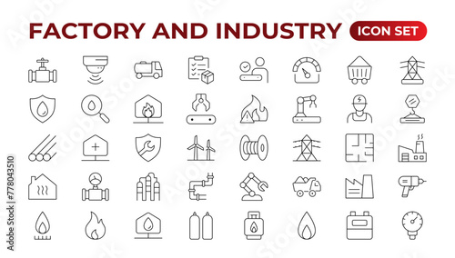 Industry and production line icons collection. Factory, plant, manufacture, tools icons. UI icon set. Thin outline pack. Vector illustration.Set of industry Icons. Simple art style. Outline icon set.