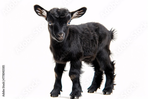 a black goat standing on a white background