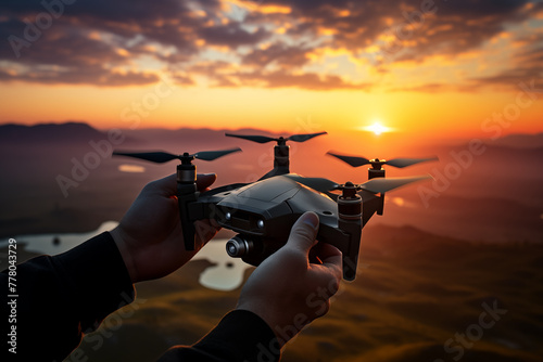 Close-Up of Hands Holding Drone During Sunset Flight. Generative AI