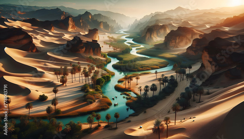 for advertisement and banner as Oasis Escape Highlight the refreshing contrast of oases in arid desert landscapes. in Fresh Landscape theme ,Full depth of field, high quality ,include copy space on le