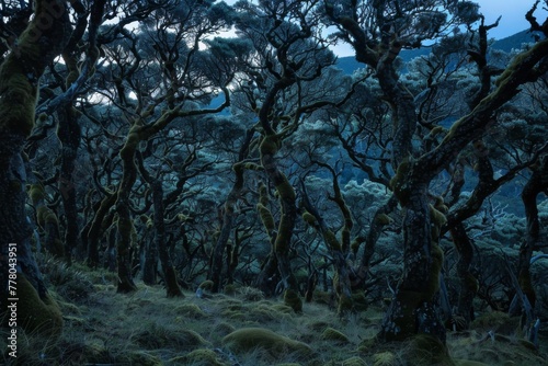 Mystical Twilight Forest with Twisted Trees.  photo