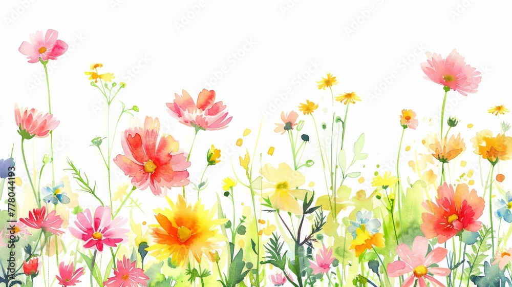 Watercolor floral arrangement of chrysanthemums and cosmos, simple bright backdrop,