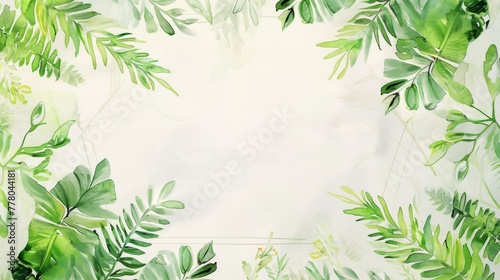 Watercolor fern wreath inside an octagonal frame  bright and simple backdrop 