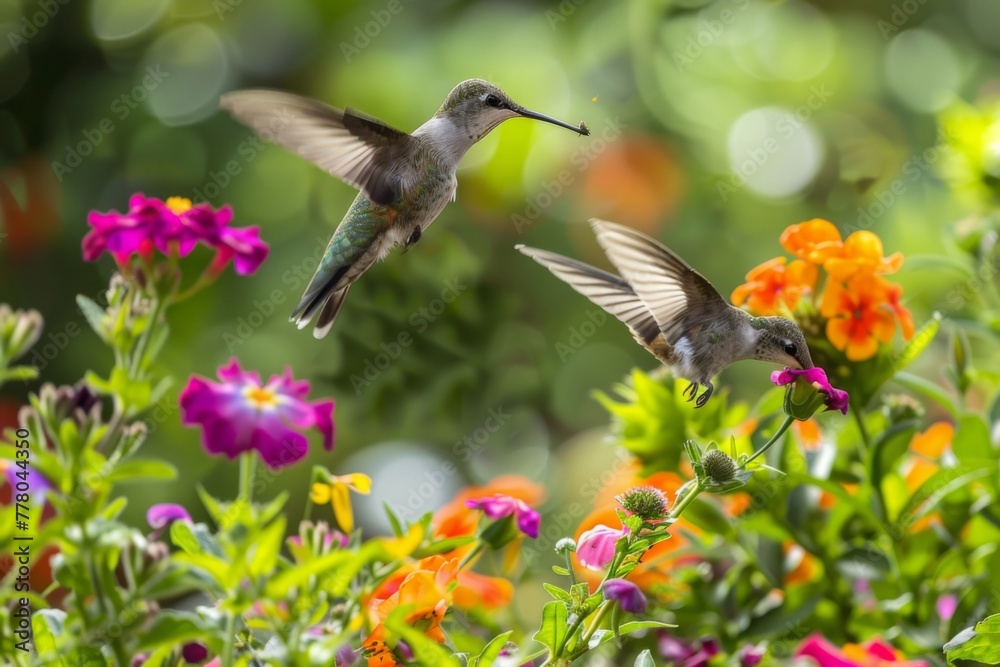 Fototapeta premium Two Hummingbirds Hovering Over Colorful Flowers. 