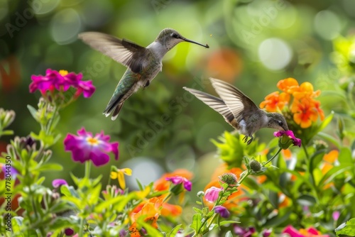Two Hummingbirds Hovering Over Colorful Flowers.  © kmmind