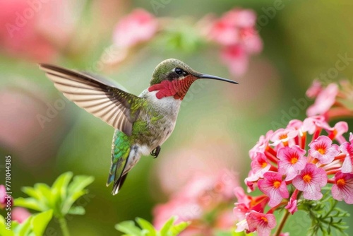 Ruby-Throated Hummingbird Among Pink Flowers.  © kmmind
