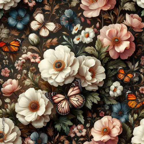 Spring flowers elegant beautiful floral seamless pattern of fabric hand-painted flowers with dark vintage decoration with wallpaper background