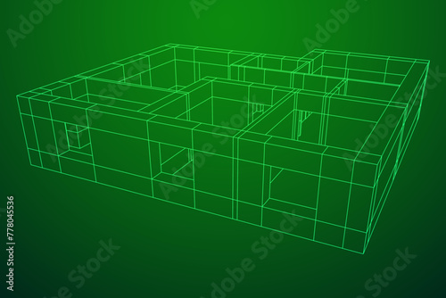 Architecture building. Modern house plan. Wireframe low poly mesh vector illustration.