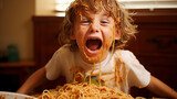 Child boy enjoy eating spaghetti for lunch and making a mess at home in kitchen. Funny little boy getting messy eating spaghetti with tomato sauce from a large plate
