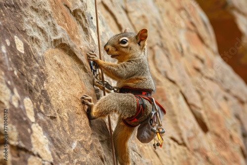 A creatively edited image of a squirrel engaging in rock climbing, equipped with a harness and carabiners, against a natural rock face backdrop.