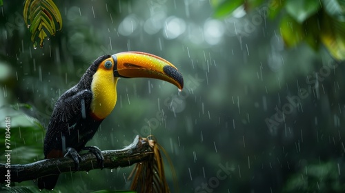 chestnut mandibled toucan sitting on a wooden branch in a tropical forest photo