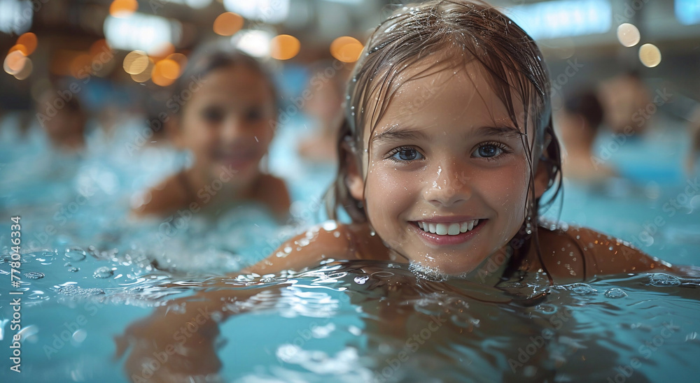 Happy little girl playing with other kids in swimming pool in aquapark on summer holiday vacation.Macro.AI Generative. Happy little girl playing with other kids in swimming pool in aquapark on summer holiday vacation.Macro.AI Generative.