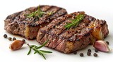 Grilled sirloin beef steaks with garlic and rosemary on white background.Macro.AI Generative.