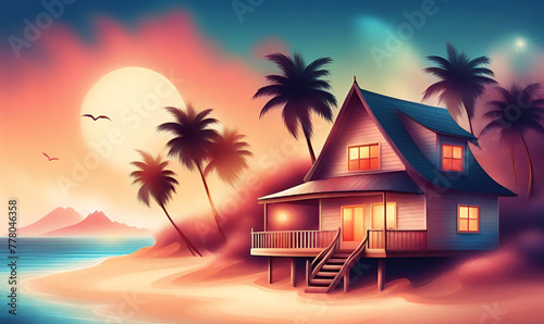 artistic beach house around palm trees and sea