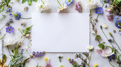 top view of flowers and green leaves and white card with copy space