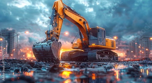 Excavator digging soil on new construction site with blue sky view.Macro.AI Generative.