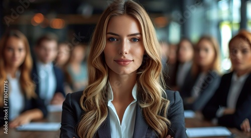 Young businesswoman with colleagues in meeting room office ready for business meeting.Macro.AI Generative.
