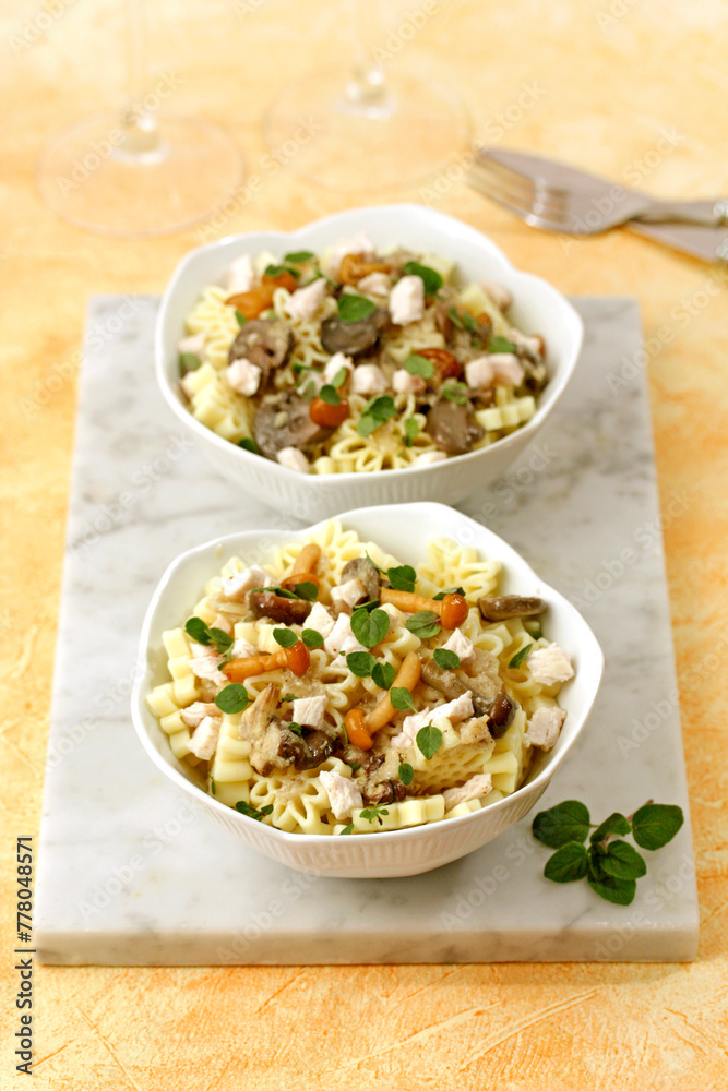 Pasta flowers with chicken and mushrooms. Pasta flowers with chicken and mushrooms.