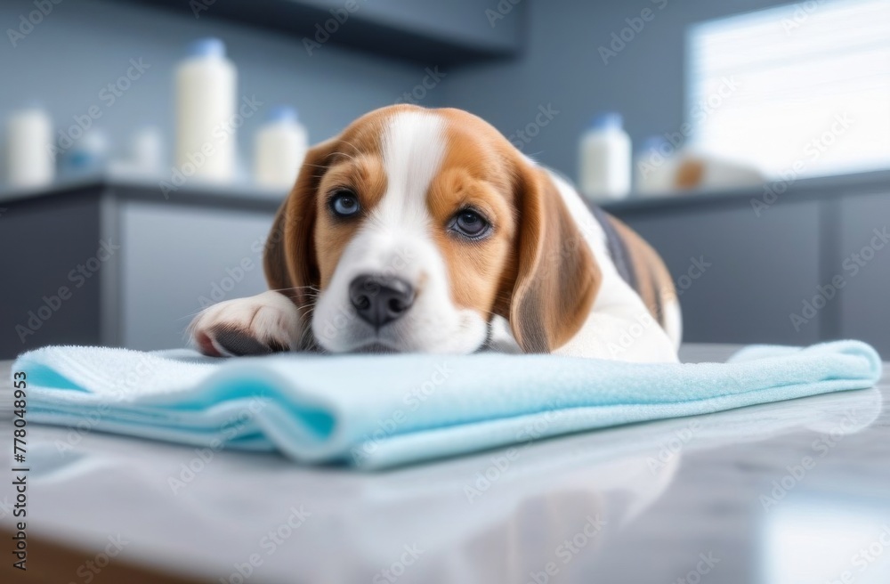Beagle dog at a veterinarian's appointment in a modern veterinary clinic. Treatment and vaccination of pets