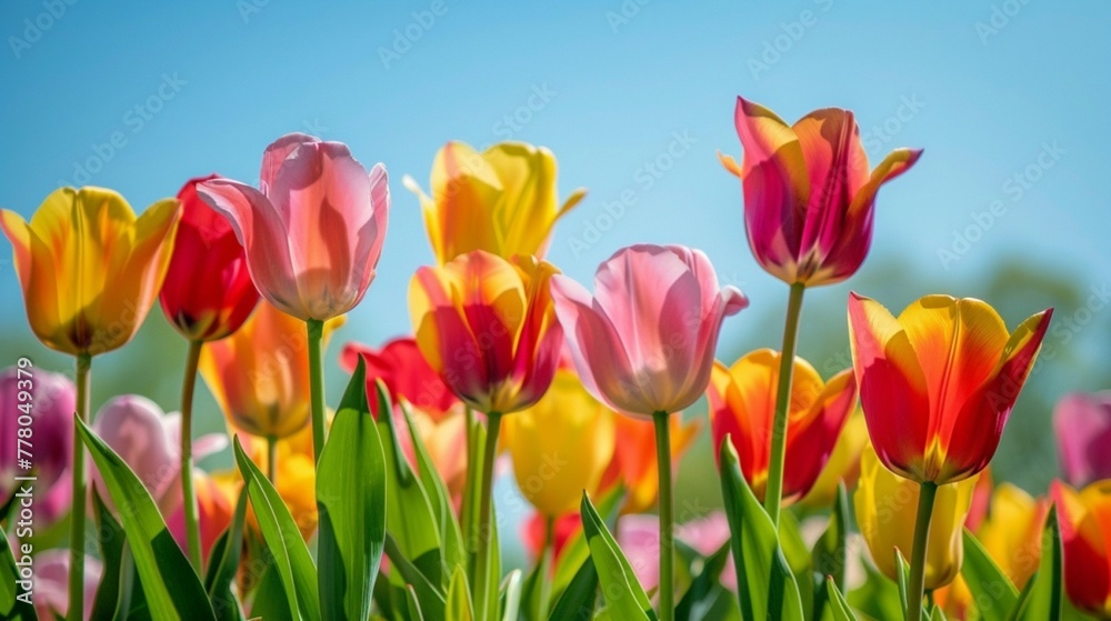 A cluster of vibrant tulips swaying in the gentle breeze, a burst of color against the backdrop of a clear blue sky.