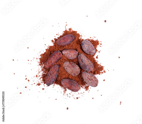 pile cocoa powder and beand isolated on transparent.