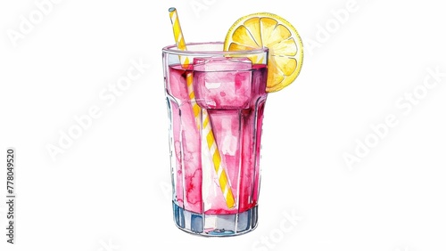 watercolor rustic tall glass full of pink lemonade, with a stripy yellow and white straw, white background 