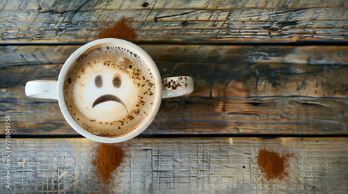 A cup of coffee with the latte art forming a sad face on a wooden background