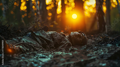A dead soldier covered in mud laying on the ground