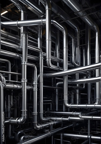 Connected chrome pipes dominate the frame in an abstract industrial composition, set against the backdrop of an otherworldly factory, with pipes varying in size and intertwining, their surfaces reflec