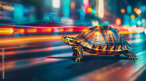 A fast turtle running on the road in the city